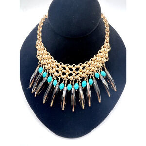Unique Chunky Marie Chavez Smoke Glass Turquoise Beaded Gold Chain Bib Necklace